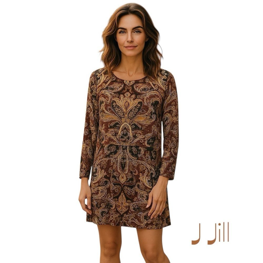 J Jill Paisley Black Brown Drop Waist Long Sleeve Boho Dress NWOT Size L